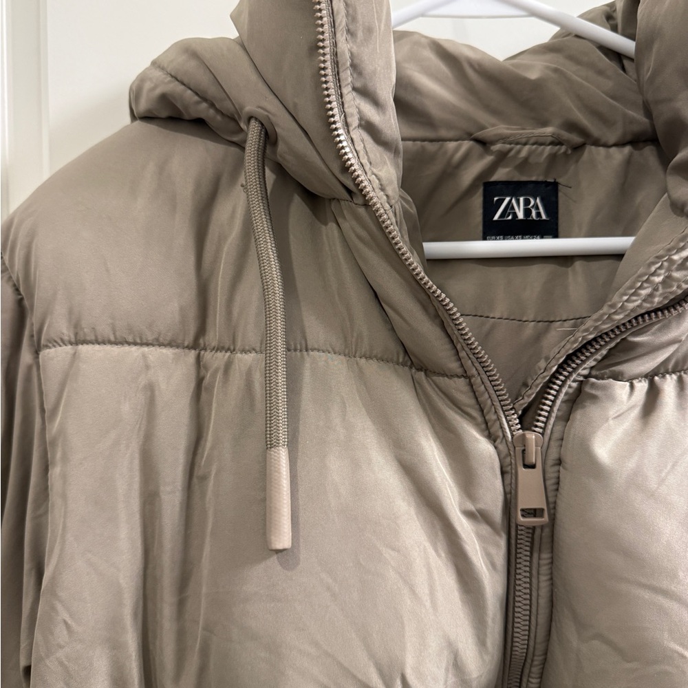 ZARA Cropped Tan Quilted Hooded Puffer Jacket 🥠